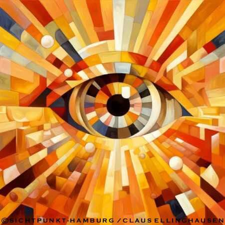 Gezeichnetes Auge mit ausstrahlenden Linien symbolisiert Augenschmerzen und visuelle Belastung.