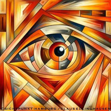 Illustration eines Auges mit strahlendem Muster, das Augenschmerzen durch Umweltfaktoren darstellt.